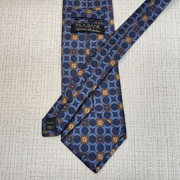 JOS A BANK Signature Collection Italy Blue Heavy Silk Geometric Self Tipped Tie - Picture 2 of 4